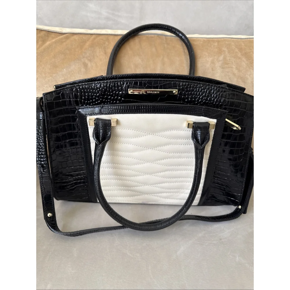 Brahmin Greta Large Creme Black Croc Embossed Leather Satchel